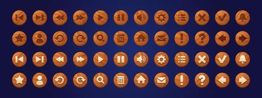 Wooden web buttons, round icons for game interface vector