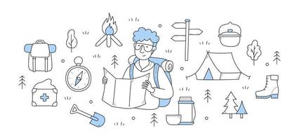 concepto de doodle de camping y senderismo con turista vector