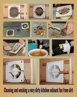 The process of cleaning and washing the kitchen exhaust fan. Collage photo