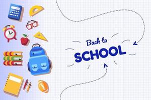 Back to school background with school stuff. Back to school banner flyer template. Vector sheet of paper school background.