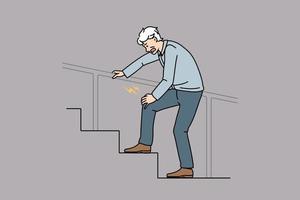 Unhealthy old man walk stairs up suffer from knee pain. Unwell mature male struggle with leg ache, have injury or trauma. Maturity, geriatrics concept. Flat vector illustration, cartoon, character.