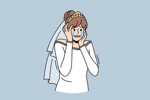 Abandoned bride, deception, betrayal concept. Young sad depressed crying woman wife or bride standing touching face feeling shocked and unhappy vector illustration