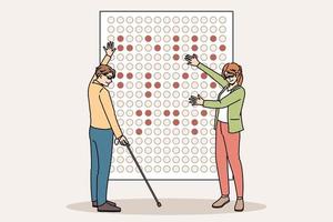 Blind people learn braille alphabet on board in school together. Man and woman communicate read use symbols sign language. Flat vector illustration.