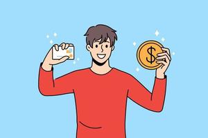 Smiling young man hold credit card and bitcoin excited about good investment. Happy guy trader invest money in cryptocurrency. Crypto, trading concept. Vector illustration, cartoon character.
