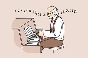 Mature people as musicians concept. Elderly smiling man pensioner cartoon character sitting reading notes playing piano enjoying music vector illustration