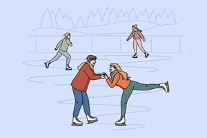ocio activo en concepto de invierno. joven feliz pareja sonriente patinando juntos en la pista tomándose de la mano divirtiéndose ilustración vectorial vector