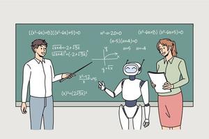 Modern robot and teachers study at blackboard in classroom of university. Artificial intelligence and innovation concept. Digital science teaching bot. Technology concept. Vector illustration.