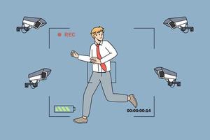 Anxious young businessman run stressed with cameras fixing following him. Worried unhappy man employee distressed panic with photo cam shoot moves. Privacy lack concept. Vector illustration.