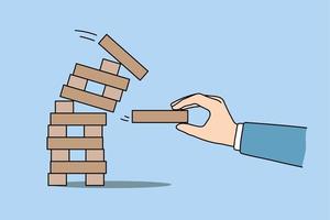 Man take wooden brick play wooden block jenga game. Businessman risk engaged in business startup or project. Male employee involved in playful activity. Mind brain train. Flat vector illustration.