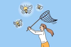 Motivated woman with net catch butterfly innovative business ideas flying. Confident girl trap light bulbs search for creative thoughts. Innovation, brainstorming concept. Vector illustration.