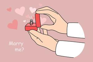 Man hold jewelry box with ring make marriage proposition to woman lover. Male do engagement offer to beloved girl. Newlywed, getting married concept. Will you marry me. Flat vector illustration.