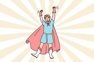 Happy Caucasian boy kid in superhero costume raise arms celebrate win or victory in game. Smiling guy in super hero clothing in winner pose. Success, achievement. Flat vector illustration.