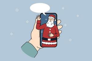 Person hold cellphone talk on video call with Santa Claus on home lockdown or quarantine. Speaking with Christmas father on virtual webcam event on smartphone. New Year. Vector illustration.