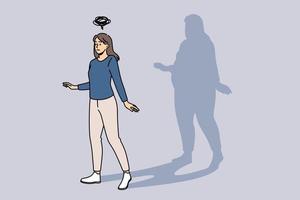 Overweight and human figure concept. Young slim fit woman standing thinking she is overweight with fat shadow at background vector illustration