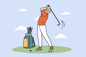 Active leisure and golf concept. Smiling mature elderly man cartoon character standing playing golf with club feeling excited vector illustration