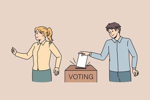 People put paper in ballot box voting at election. Voters make decision or choice, select candidate for president or minister. Politics, democracy concept. Flat vector illustration.