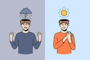 contrastes del concepto de estado de ánimo humano. personaje de dibujos animados de hombre joven que tiene un estado de ánimo furioso enojado con relámpagos y buen positivo con el sol brillando por encima de la ilustración vectorial vector