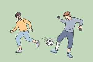 Smiling boy with prosthesis leg play football with friend in yard. Happy kid have fun engaged in ball game activity. Healthcare and equality concept. Flat vector illustration.