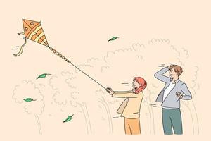 Happy father and small daughter play with paper kite in park. Smiling dad have fun feel playful with game with little child on family weekend. Entertainment, leisure activity. Vector illustration.