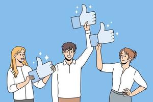 Smiling clients show likes give positive feedback to company. Happy customers recommend good quality product service. Consumerism, survey, marketing concept. Flat vector illustration.