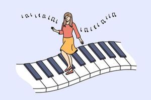 Music and playing piano concept. Young woman cartoon character pianist walking across huge piano keys with melody notes above vector illustration