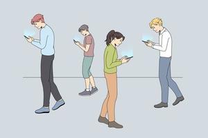 Diverse people with cellphones look at screen addicted to social media. Men and women use smartphones browse internet suffer from gadget addiction. Technology era concept. Vector illustration.