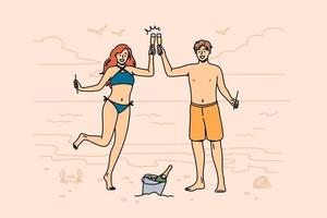 Enjoying vacations and exotic trip concept. Young happy smiling couple standing holding glasses with champagne celebrating vacations or honeymoon vector illustration