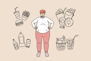 Smiling fat man surrounded by fast junk food and drinks. Happy overweight male suffer from excessive weight. Diet and wellness concept. Bad habits, unhealthy lifestyle. Vector illustration.