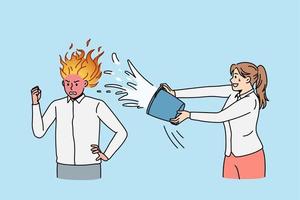 Woman pour water to male colleague head burning in flames suffering from burnout at work. Female calm down man coworker, thinking brainstorming heavily. Job stress. Vector illustration.