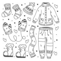 Hand drawn set of winter essentials doodle coloring vector