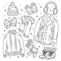 Hand drawn set of winter clothes and essentials doodle coloring vector