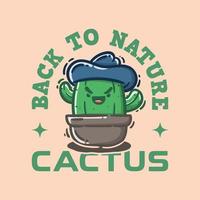 cute cactus in pot use blue hat cartoon vector illustration good for t shirt design