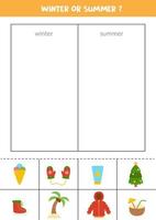 Sorting cards into winter or summer. Logical game for children. vector