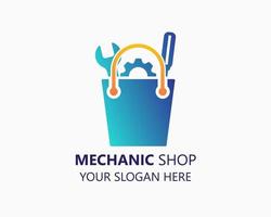 mechanic shop logo design template. bag and tools illustration vector