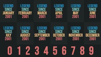 Legend since 2001 all month includes. Born in 2001 birthday design bundle for January to December vector