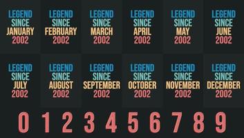 Legend since 2002 all month includes. Born in 2002 birthday design bundle for January to December vector