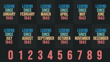 Legend since 1943 all month includes. Born in 1943 birthday design bundle for January to December vector