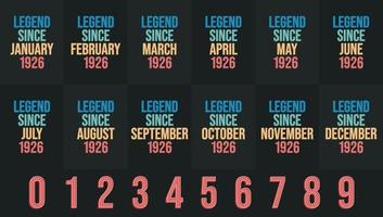 Legend since 1926 all month includes. Born in 1926 birthday design bundle for January to December vector