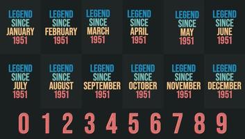 Legend since 1951 all month includes. Born in 1951 birthday design bundle for January to December vector