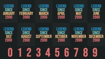 Legend since 2000 all month includes. Born in 2000 birthday design bundle for January to December vector