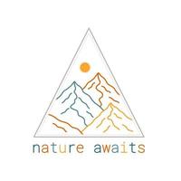 Nature awaits wildlife mountains in colorful mono line design for badge, sticker, patch, t shirt design, etc vector