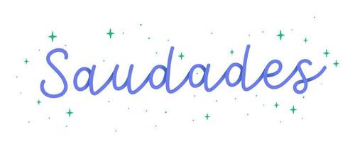 Hand cursive word light blue Miss you in Brazilian Portuguese with stars. Translation - Miss you. vector