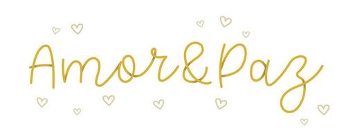 Hand cursive phrase yellow Love and Peace in Brazilian Portuguese with hearts. Translation - Love and Peace vector