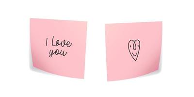 Two pink stickers with love message and a heart. vector