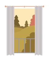Vista del bosque de otoño objeto de vector de color semiplano. elemento editable. artículo de tamaño completo en blanco. ilustración de estilo de dibujos animados simple de ventana y cortina para diseño gráfico web y animación