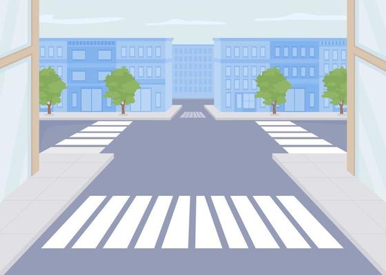 City crossroads flat color vector illustration. Urban infrastructure. Public place. Summertime town. Fully editable 2D simple cartoon cityscape with buildings and road on background