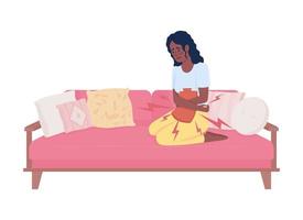 Lady with painful period semi flat color vector character. Menstrual cramps. Editable figure. Full body person on white. Simple cartoon style illustration for web graphic design and animation