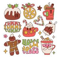 Groovy Christmas sweet edible retro cartoon characters set. Groovy 60s mascot characters clipart of cozy food and drinks with lettering quotes. Vector hand drawn illustration.