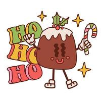 Groovy Christmas cake groovy character isolated concept with text HoHo Ho. Retro mascot clipart with gloves and candy cane. Vector hand drawn illustration.