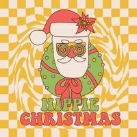 Hippie Santa Claus Portrait with christmas wreath and lettering text Hippie Christmas. Groovy checkred card. Cute hand modern retro 70s style happy holidays. Vector trendy illustration.